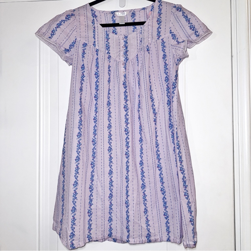 ADONNA Purple Blue Floral Short Sleeve Short Chemise Cotton nightgown Size M